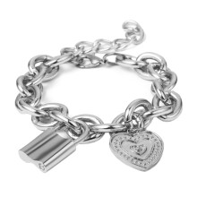 Punk Lover's Lock Pendant Bracelets Bangles Carved Love Heart Thick Chain Bracelet Women Jewelry Silver