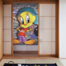 Tweety Bird kétrészes, patchwork, áttetsző, félig sötétítő ajtófüggöny, 86x147 cm, kompatibilis a hálószobával, nappalival,