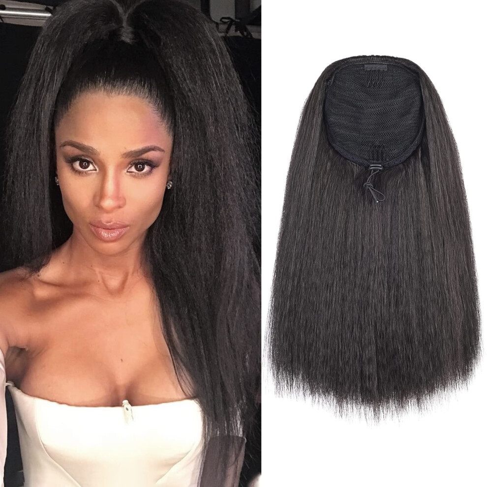 Unisex Black,Brown Drawstring Ponytail Hair Extension Kinky Yaki Straight 14 Inch Black Brown Synthetic Hairpiece