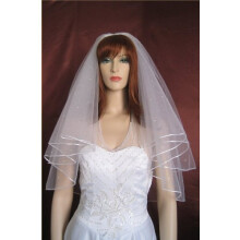 Two Tier Elbow Length Bridal Veil with Handsewn Pearls and Satin Cord Edge Comb
