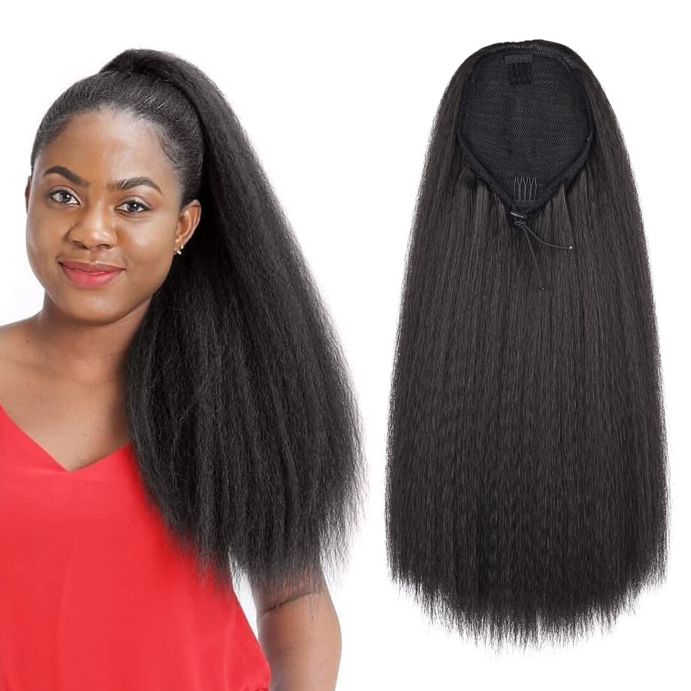 Unisex Black,Brown Ponytail Hair Extensions 18 Inch Kinky Yaki Synthetic Drawstring Hairpiece Black Brown