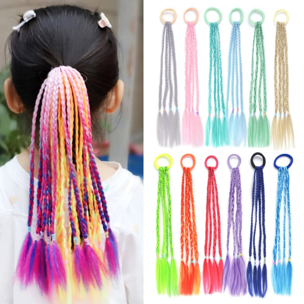 Unisex 12Pcs Colored Braiding Ponytail Hair Extensions 14 Inch Rainbow Synthetic For Girls And Kids