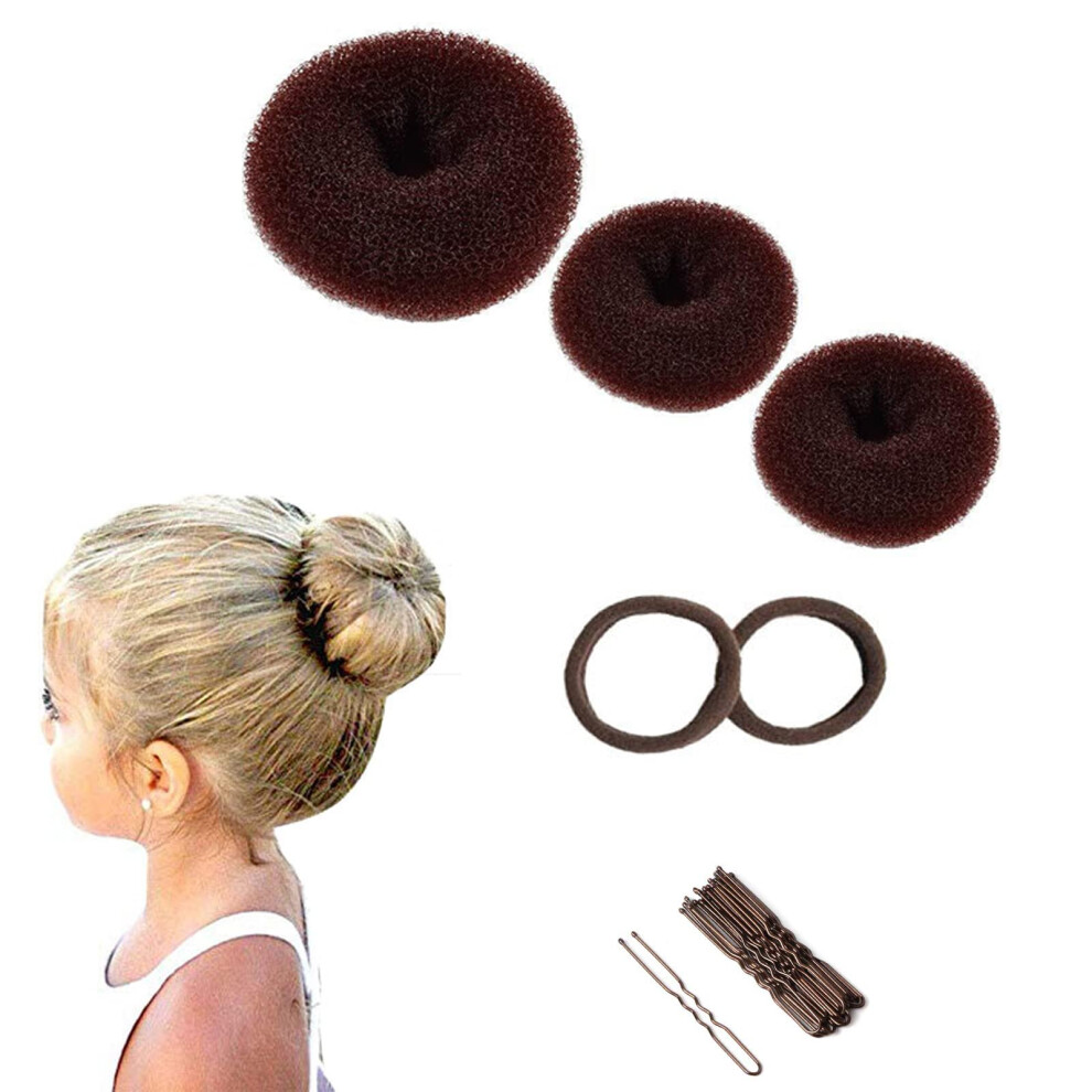Unisex Brown Hair Bun Maker Set With Donut Rings, 3 Sizes And Bobby Pins For Chignon Hairstyles