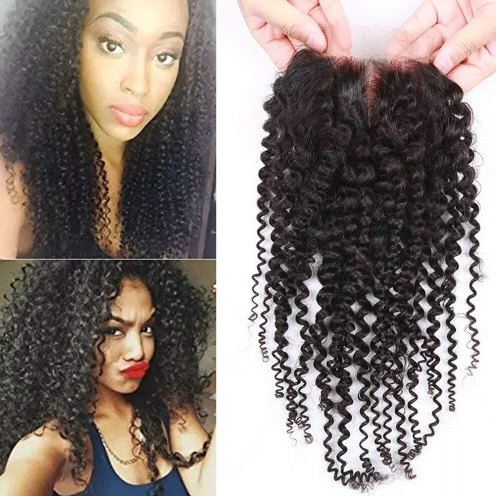 Unisex 4X4 Kinky Curly Brazilian Virgin Hair Lace Closure With Baby Hair Natural Color Middle Part 16Inch