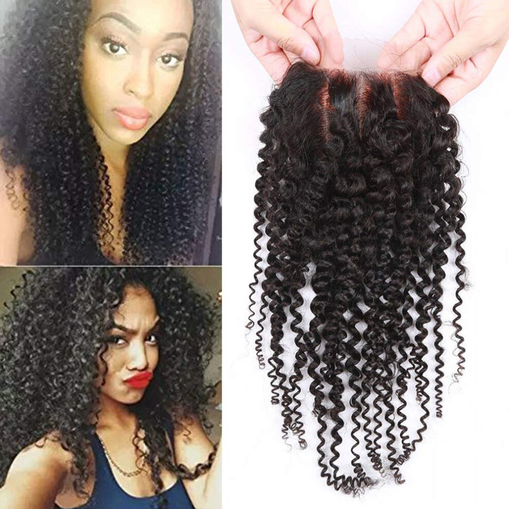 Unisex Brazilian Kinky Curly Lace Closure 4X4 Virgin Human Hair 14 Inch 3 Part Bleached Knots Natural Color