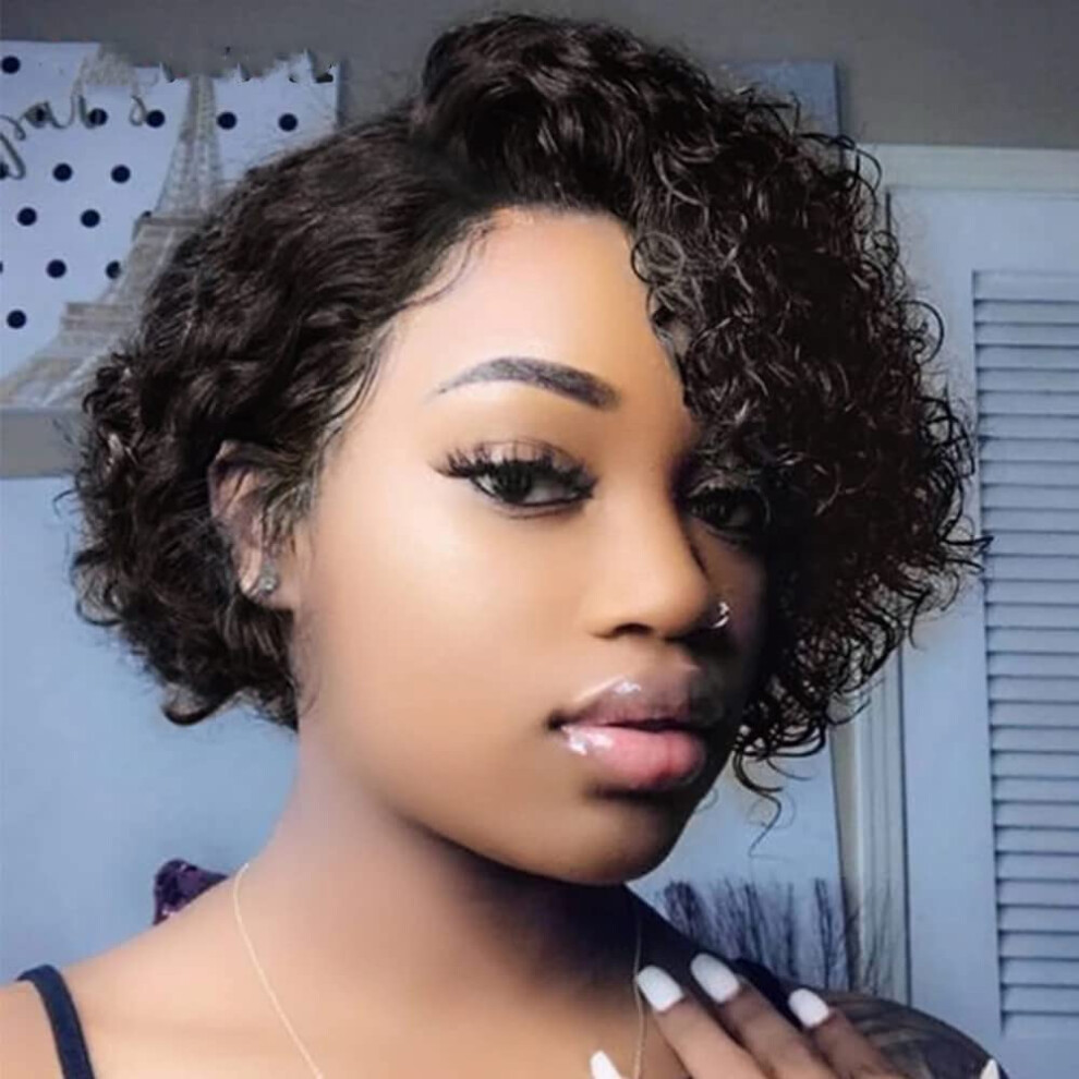 Unisex Black Pixie Cut Human Hair Wig 8 Inch Short Curly Brazilian Remy Glueless Side Part Natural Texture