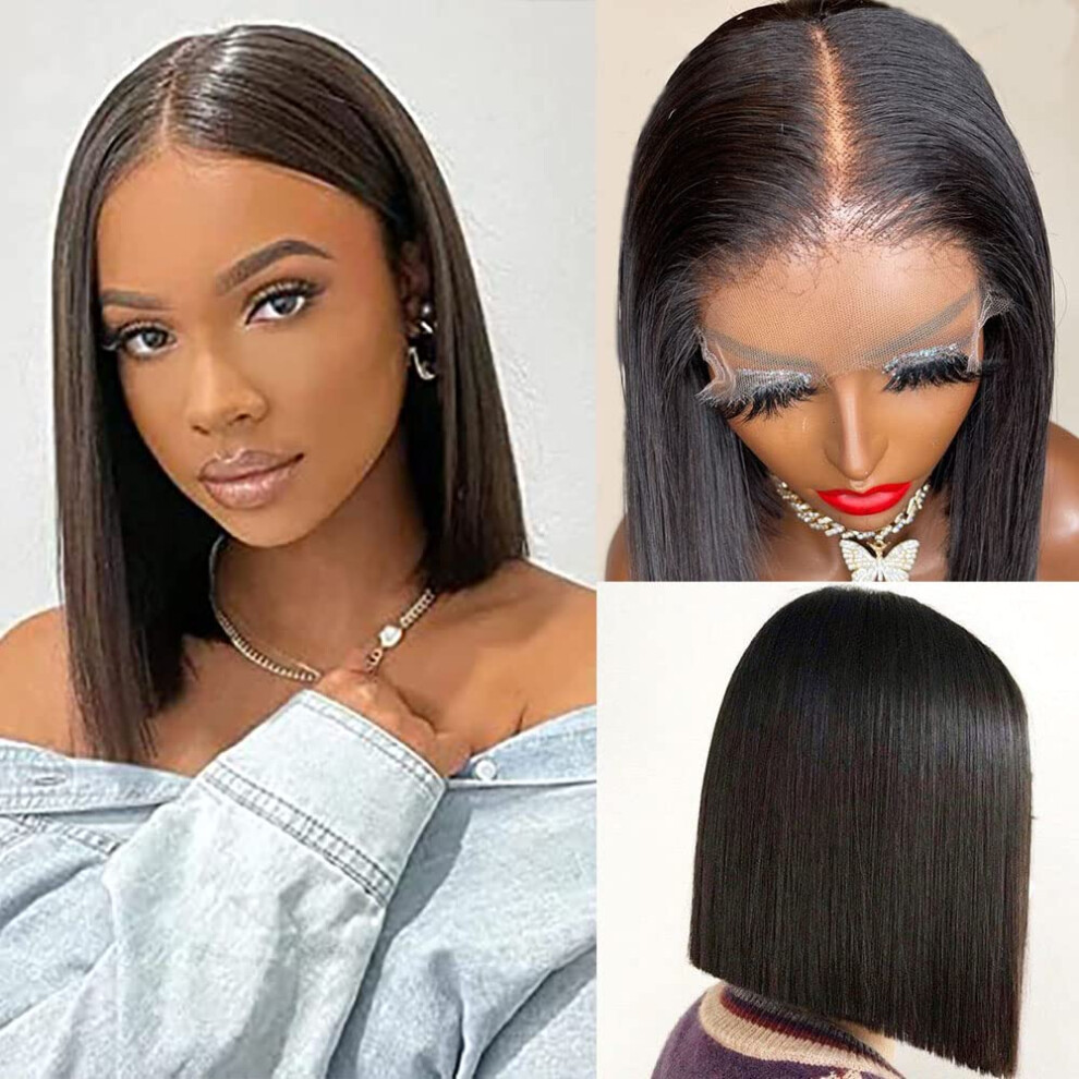 Unisex Black 5X5 Hd Lace Closure Bob Wig 150 Density Human Hair PreâPlucked Hairline Invisible Lace Natural Swiss Lace Blunt Cut 10 Inch