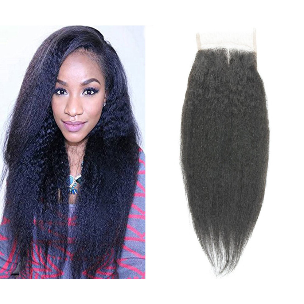 Unisex Brazilian Virgin Hair Lace Closure 4X4 Kinky Straight With Baby Hair Bleached Knots Middle Part 16Inch