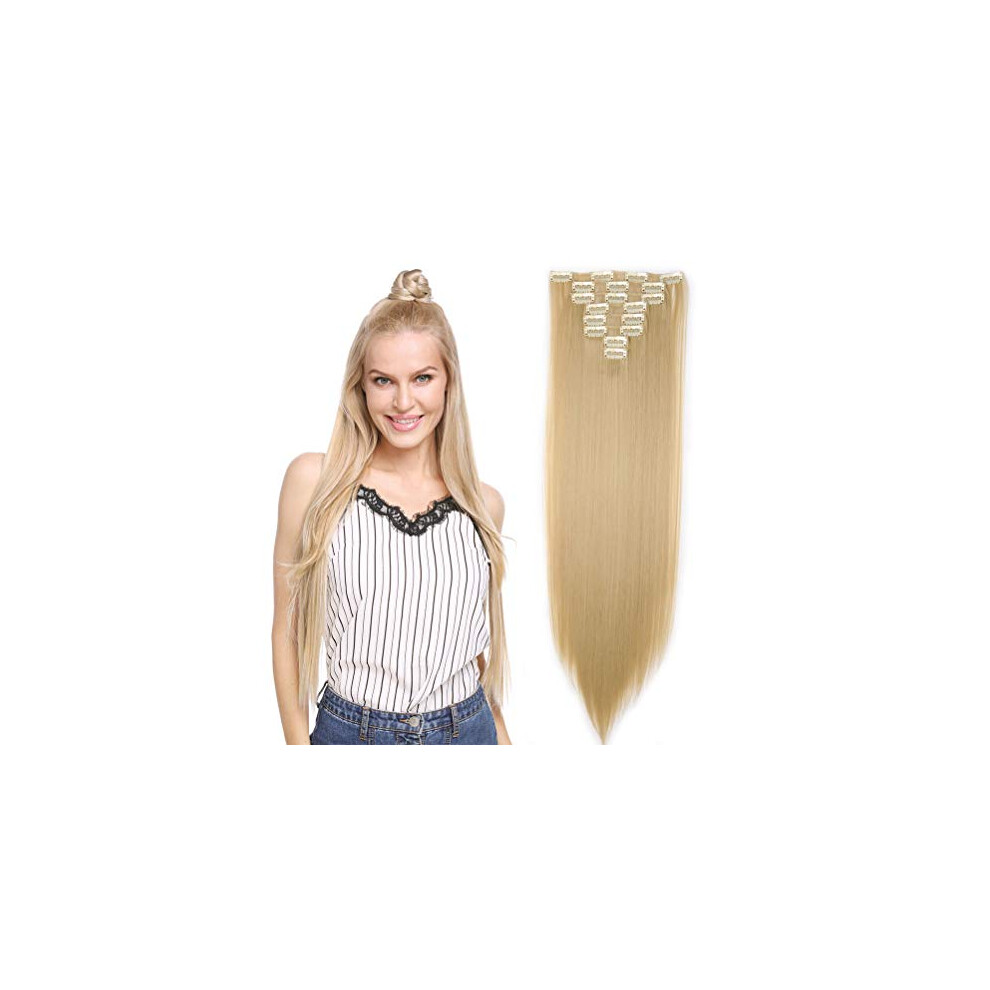 Unisex Clip In Hair Extensions 24 Inch Ombre Blonde Synthetic Hairpieces Double Weft Full Head Volume