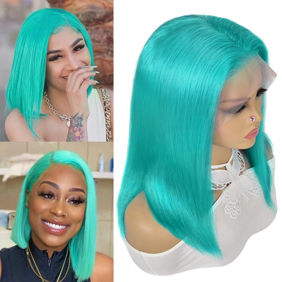 Unisex Blue Lake 13X4 Lace Front Human Hair Bob Wig 12Inch Pre Plucked Bleached Knots 150% Density