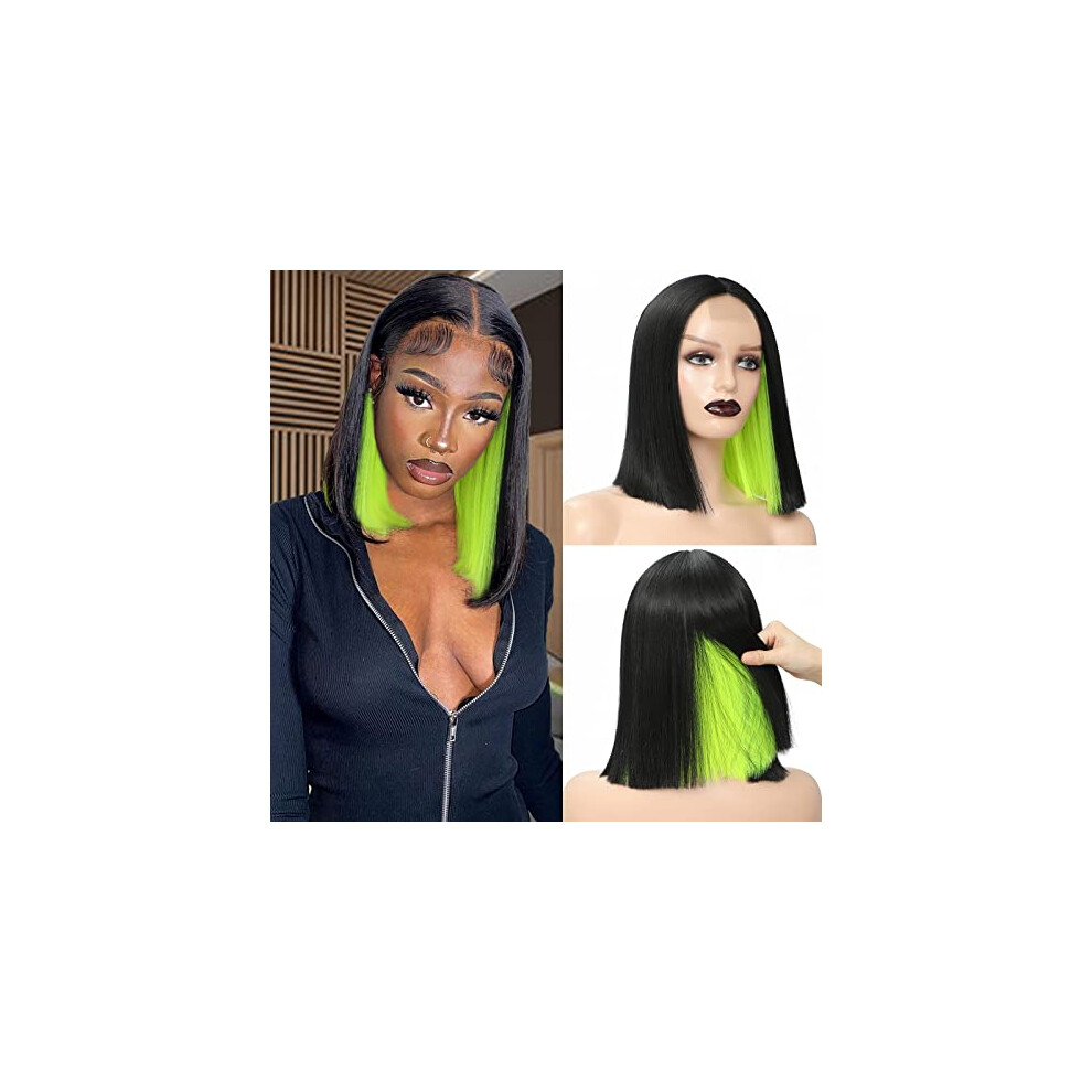 Unisex Green Highlight Bob Wig Lace Front 12 Inch Straight Synthetic Heatresistant Preplucked Hairline