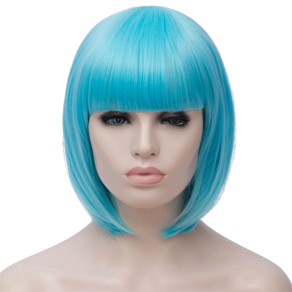 Unisex Blue Bob Wig With Bangs For Women, 12 Inch Naturallooking Comfortable Adjustable Fit