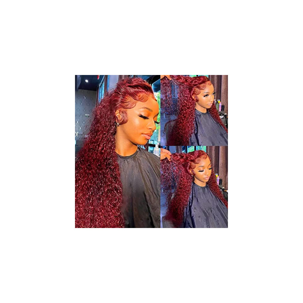 99J Burgundy Human Hair Wig Curly Lace Front 150% Density Brazilian Virgin Hair PrePlucked 16Inch