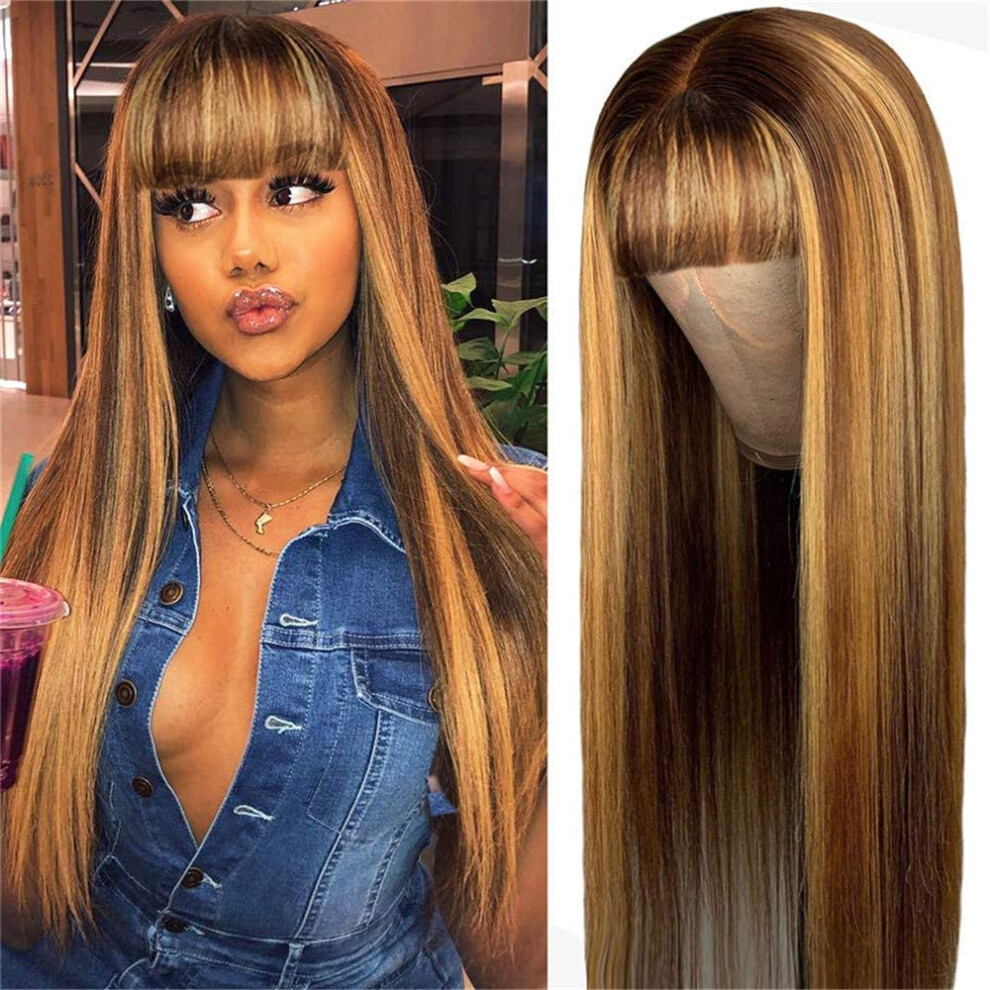 Unisex Black Human Hair Wig With Bangs Brazilian Virgin Straight Ombre Highlight Glueless 16 Inch For Women