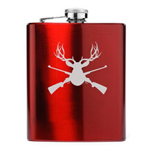 7 oz Stainless Steel Hip Flask Deer Hunter Head Rifle (Red)