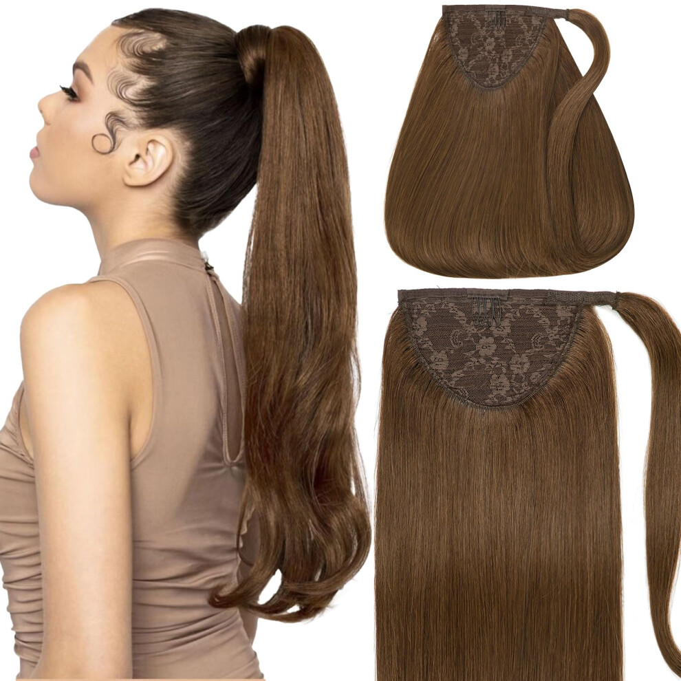 Unisex Brown 14 Inch Medium Remy Human Hair Ponytail Extension, Silky Straight Wrap Around Hairpiece