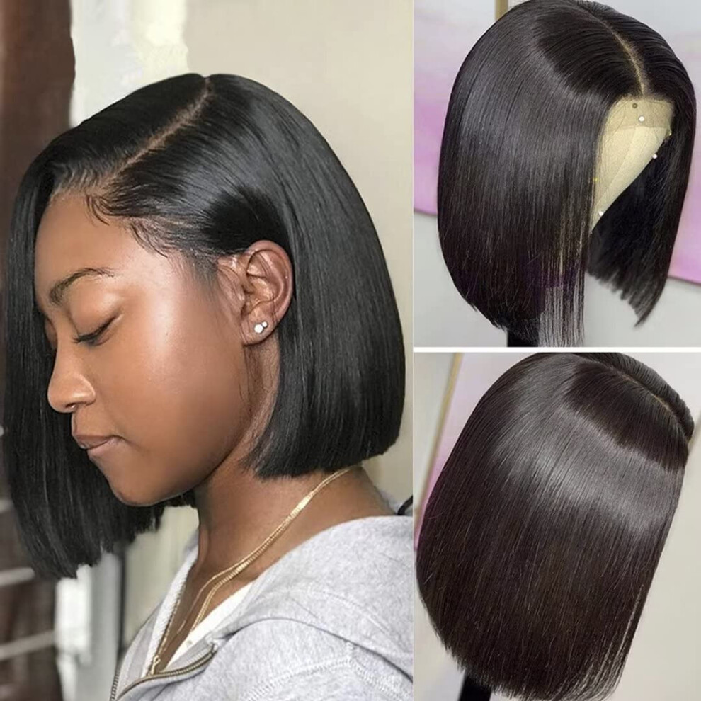 Unisex Black Human Hair Lace Front Bob Wig For Women 4X4 Closure Brazilian Straight 14 Inch 150% Density Glueless Natural Hairline