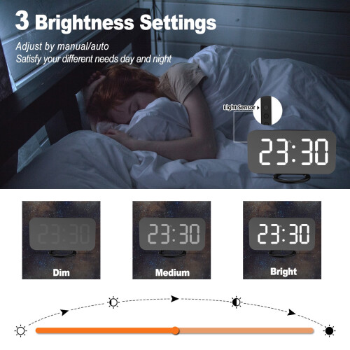 Jacenvly Black Tech Dual USB Charging Mirror Clock, 6.5" LED Display, Digital Alarm Clock with Creative Design, Compatible with USB Devices 2