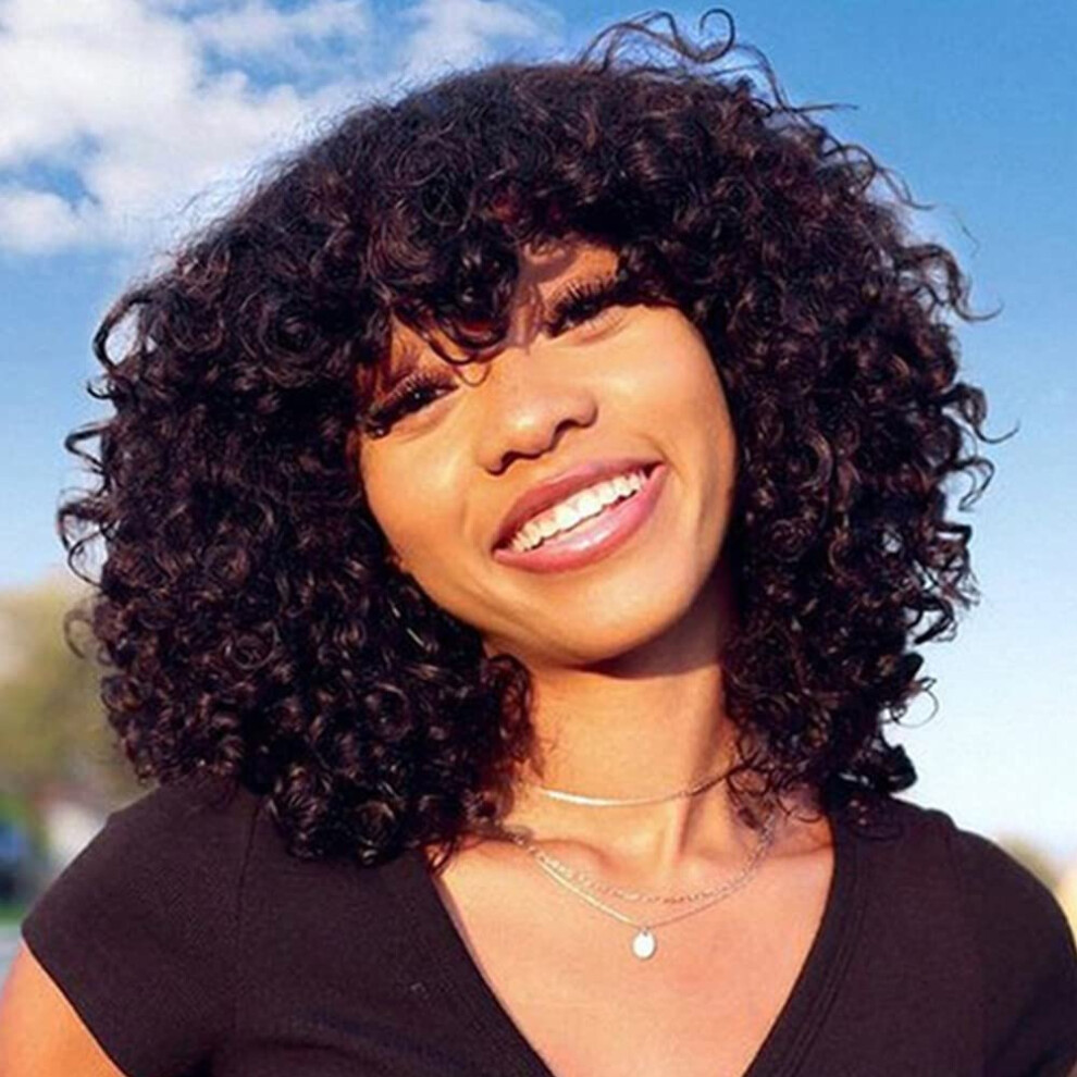 18 Inch Curly Human Hair Wig with Bangs, 200 Density, Natural Scalp  for Black Women