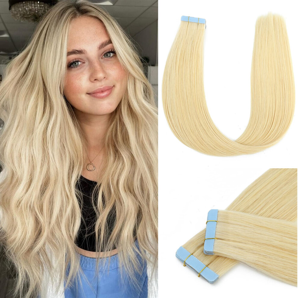 Unisex Tape In Hair Extensions Blonde Remy Human Hair 14 Inch Seamless Skin Weft Natural Blend 20Pcs 40G