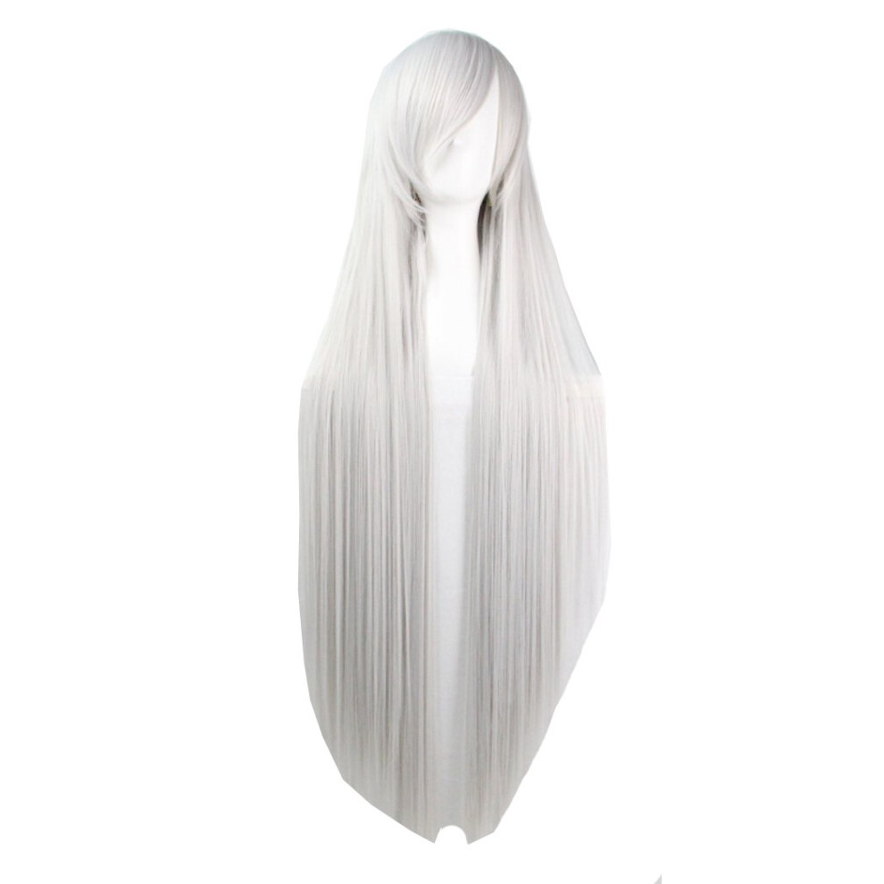 Unisex Silver 100Cm Long Straight Cosplay Wig With Bangs Heat Resistant Synthetic Fiber And Wig Cap