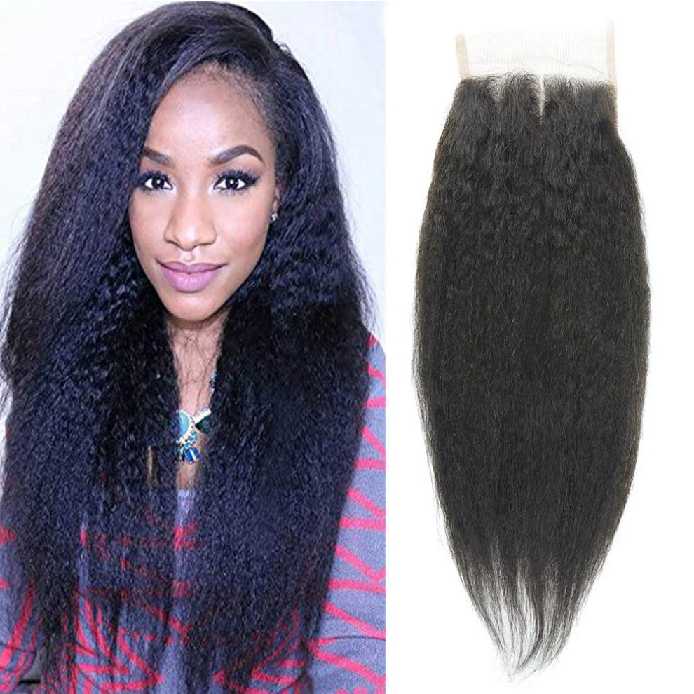 Unisex Brazilian Kinky Straight Lace Closure 4X4 Virgin Human Hair With Baby Hair Bleached Knots 3 Part 8Inch