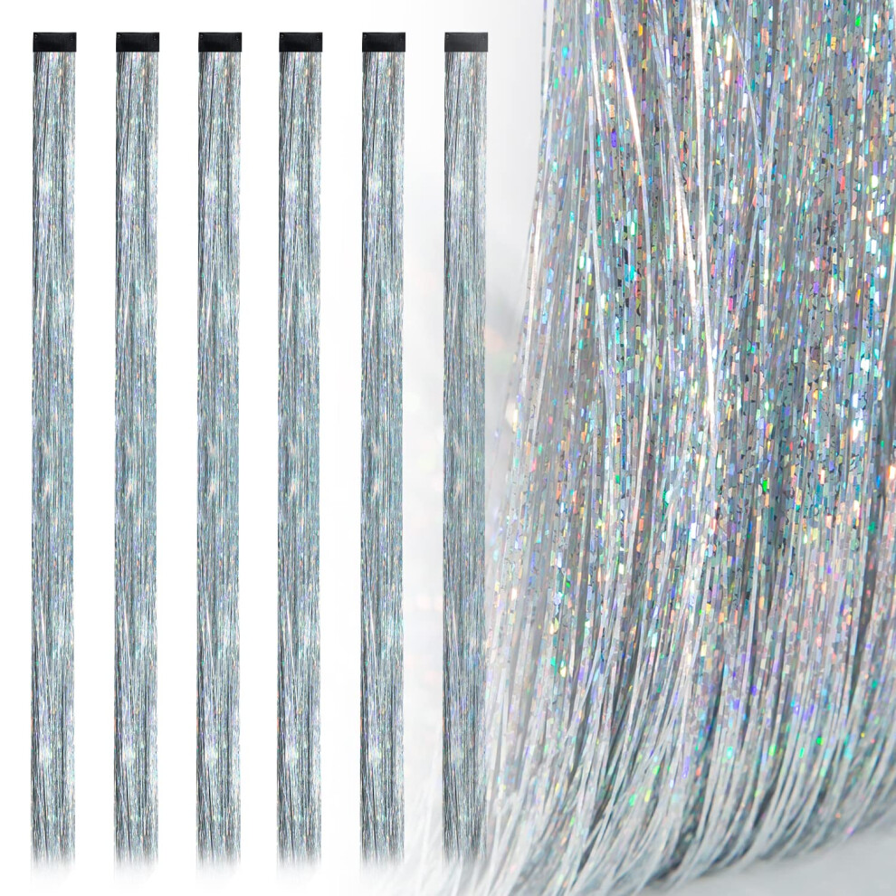 Unisex Silver 19.7 Inch Hair Tinsel Extensions Clip In Glitter Strands Instant Sparkle Effect Large Pack