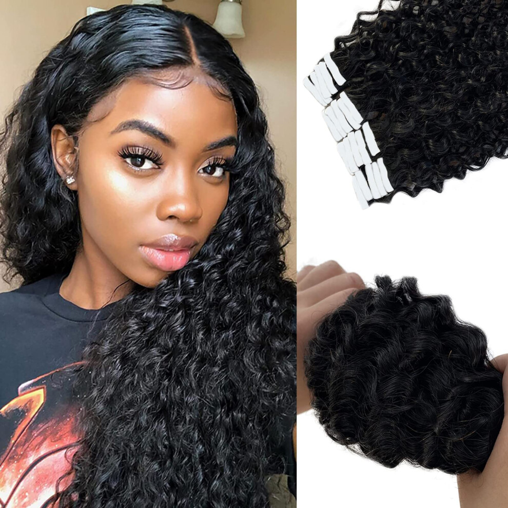 Unisex Black 14 Inch Deep Curly Tape In Hair Extensions #1B Human Hair Extensions Instant Volume Boost