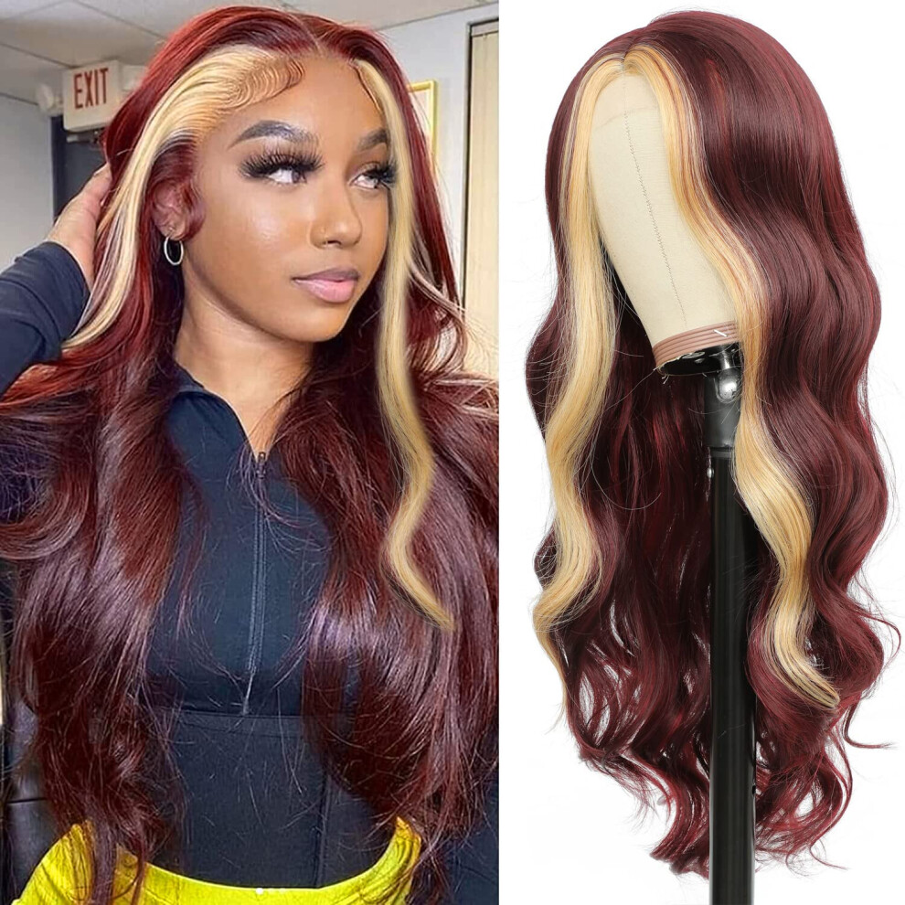 Long Wavy Wig for Women Ombre Red Highlights 28 Inch Heat Resistant Synthetic Hair with Natural Waves