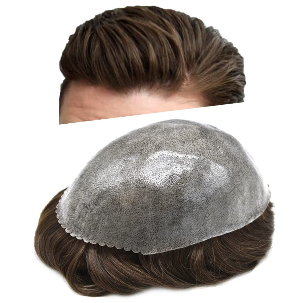Unisex Brown Men's Human Hair Toupee 8X10 Dark Injected Poly Skin Hairpiece With Natural Scalp Effect