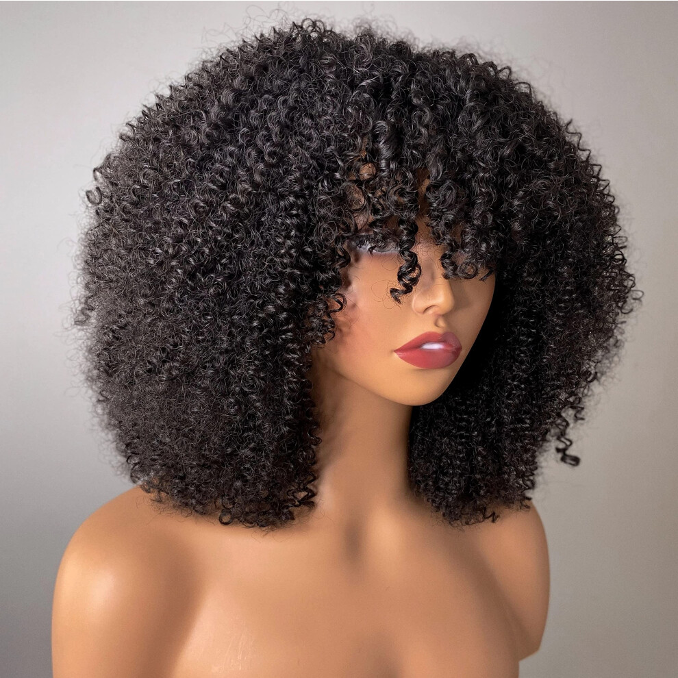 Afro Kinky Curly Human Hair Wig with Bangs 10 Inch Natural Black 200% Density Natural Scalp Design