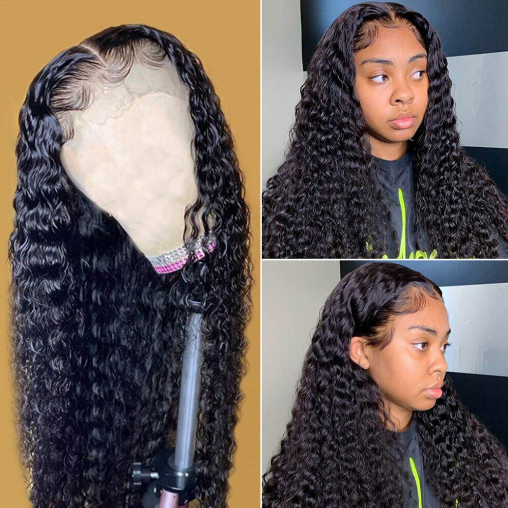 Unisex Black 22 Inch Brazilian Virgin Human Hair Curly Lace Front Wig 130% Density Preplucked Hairline For Women