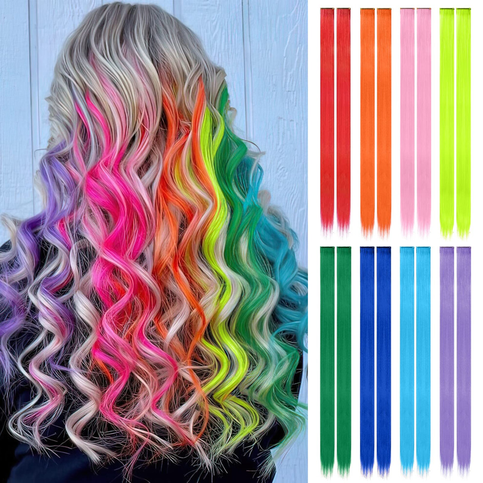 Unisex Clip In Hair Extensions 16Pcs 8 Colors Rainbow Highlights Synthetic Colorful Hairpieces For Women 22 Inch