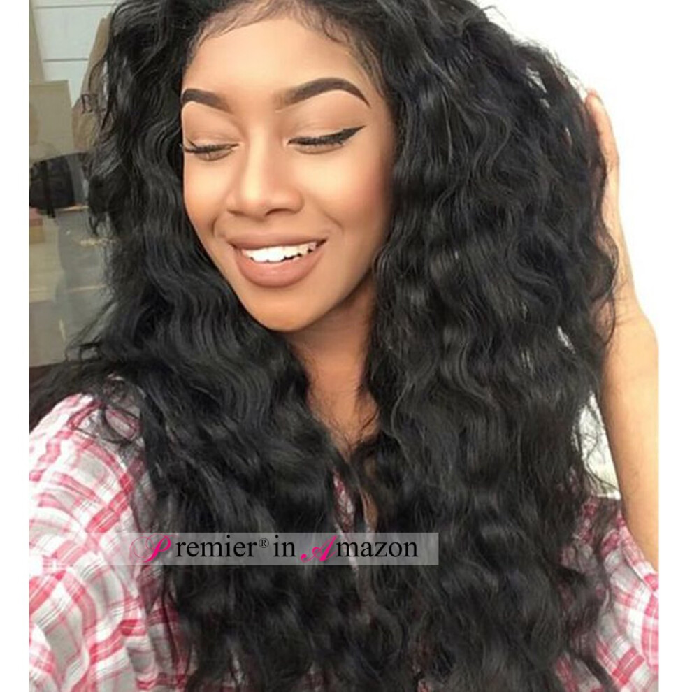 Lace Front Wigs Human Hair Loose Curly Waves Brazilian Remy 14 Inch 1B Off Black PrePlucked