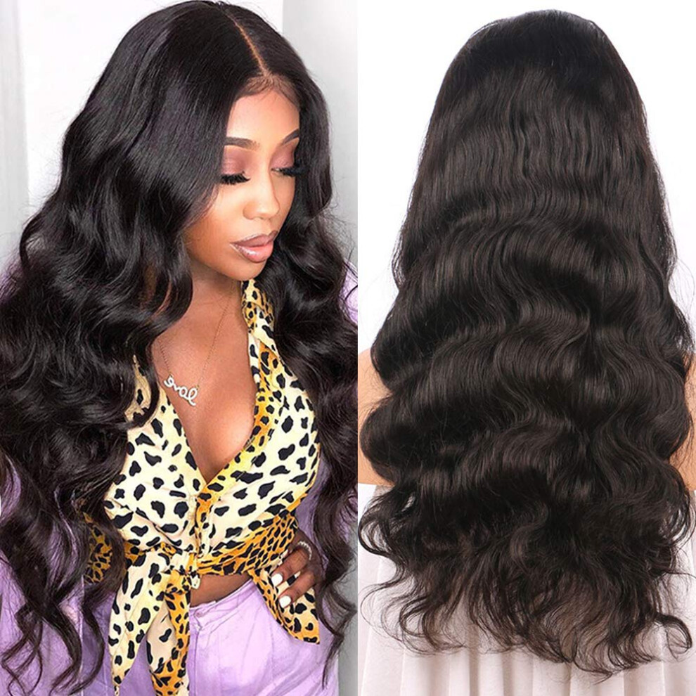 Unisex Black Human Hair Lace Front Wig Brazilian Body Wave Glueless Pre Plucked With Baby Hair 16In 1B