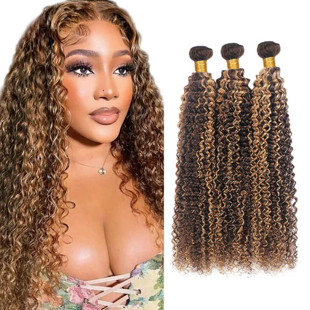 Unisex Brazilian Kinky Curly Hair Bundles P4/27 Ombre Highlights 24 26 28 Inch Human Hair Extensions