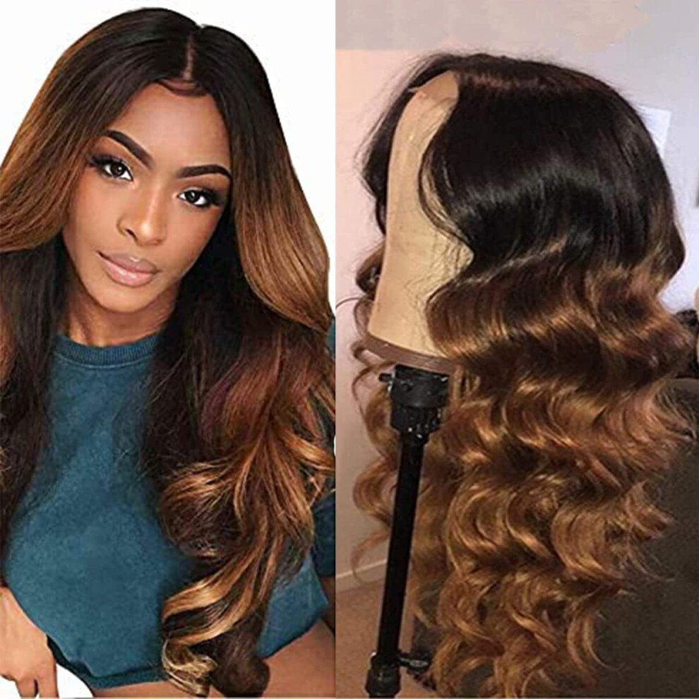 Unisex 1B/30 Ombre Body Wave Human Hair Lace Closure Wig For Women Glueless 4X4 Brazilian Virgin Hair