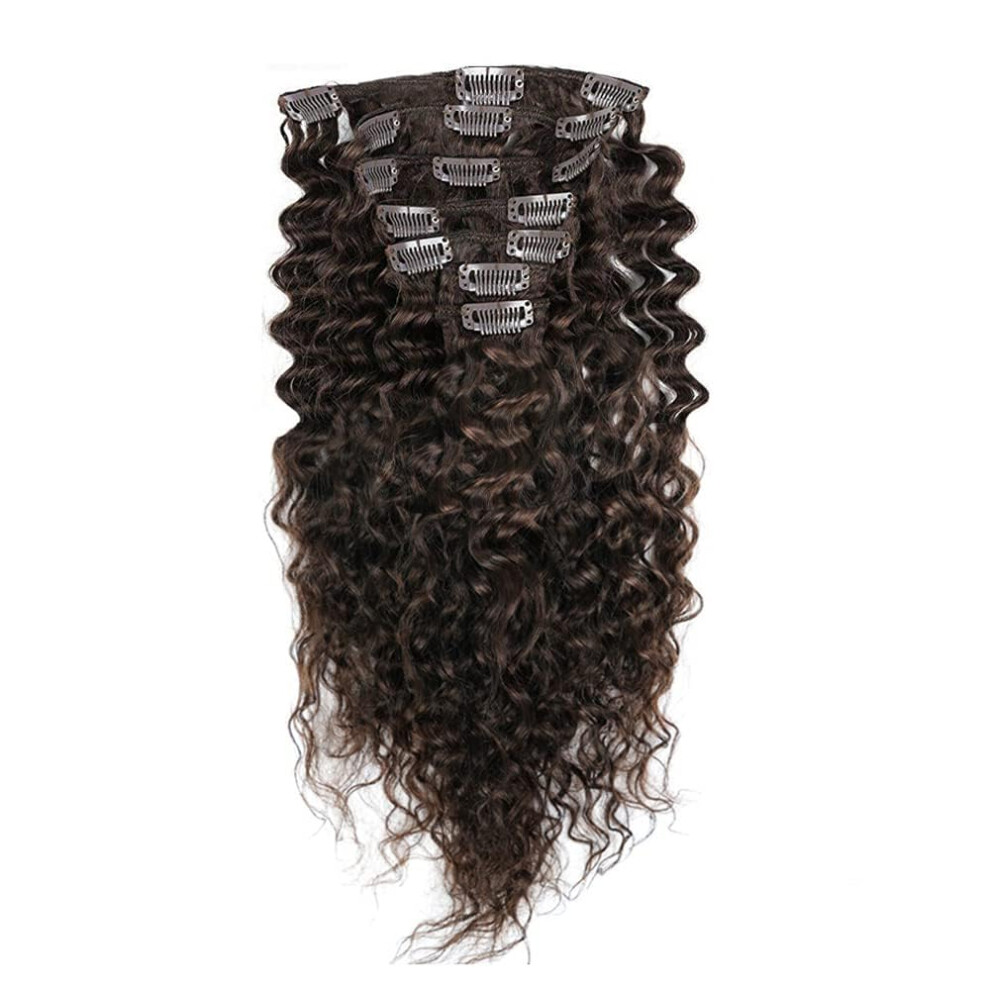Unisex Brown 16 Inch Dark Brazilian Deep Wave Remy Human Hair Clip In Extensions 7Pcs Set For Volume