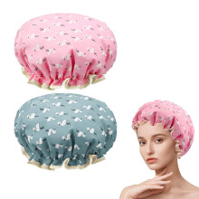 Pack of 2 | Shower Caps for Women, Double Layers Waterproof Bath Caps with Elastic Band, Reusable Shower hat for Keeping Hair Dry Kitchen Oil-proof