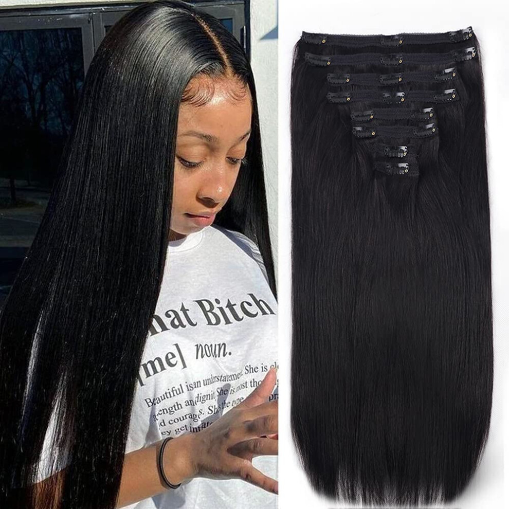 Unisex Black 28 Inch Natural Clip In Hair Extensions Real Remy Human Hair With Invisible Secure Clips