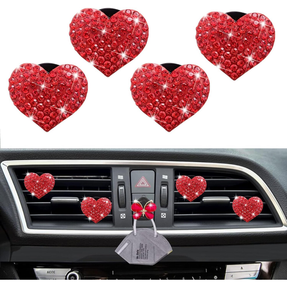 5 Pcs Bling Air Vent Clips, Heart Shape Crystal Air Vent Clip Charms Air Fresheners For Women Rhinestone Diffuser Vent Clip Cute Decor Bling Car Red 704593586179