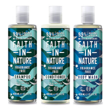 Faith In Nature Fragrance Free Shampoo, Conditioner & Body Wash Trio | Vegan | Cruelty Free | 99% Natural Fragrance | Free From SLS or
