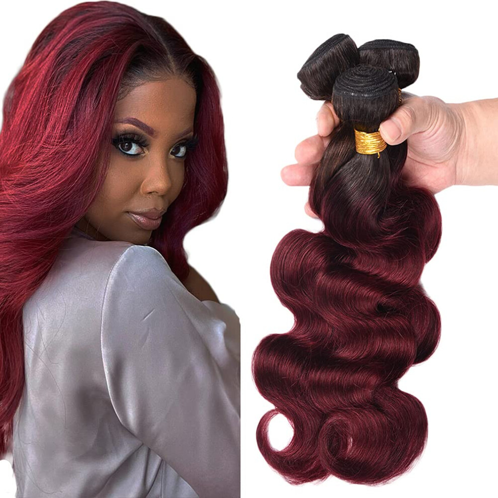 Unisex Red Brazilian Body Wave Human Hair Bundles Ombre Burgundy 1B/99J Virgin Weave 14 16 18 Inch