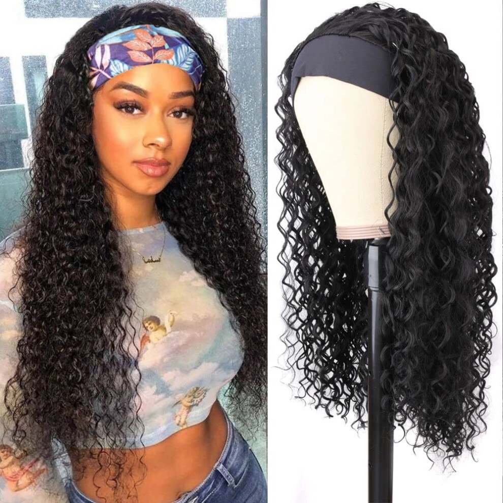 Headband Wig Human Hair Brazilian Virgin, Glueless 16 Inch Curly for Black Women, Natural Look