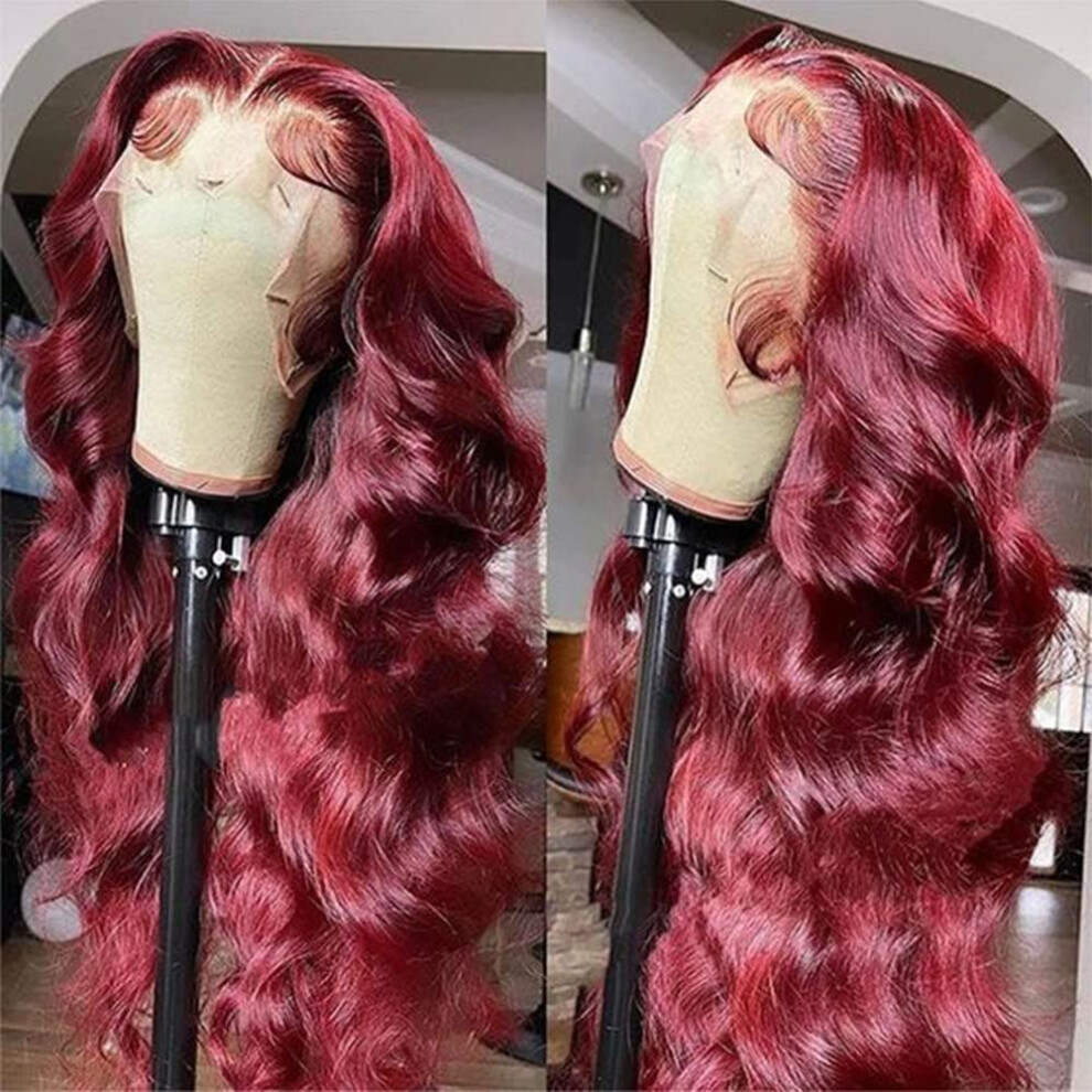 Unisex Red 13X6 Hd Transparent Lace Front Wig Human Hair 26 Inch Deep Wave 99J Burgundy Pre Plucked