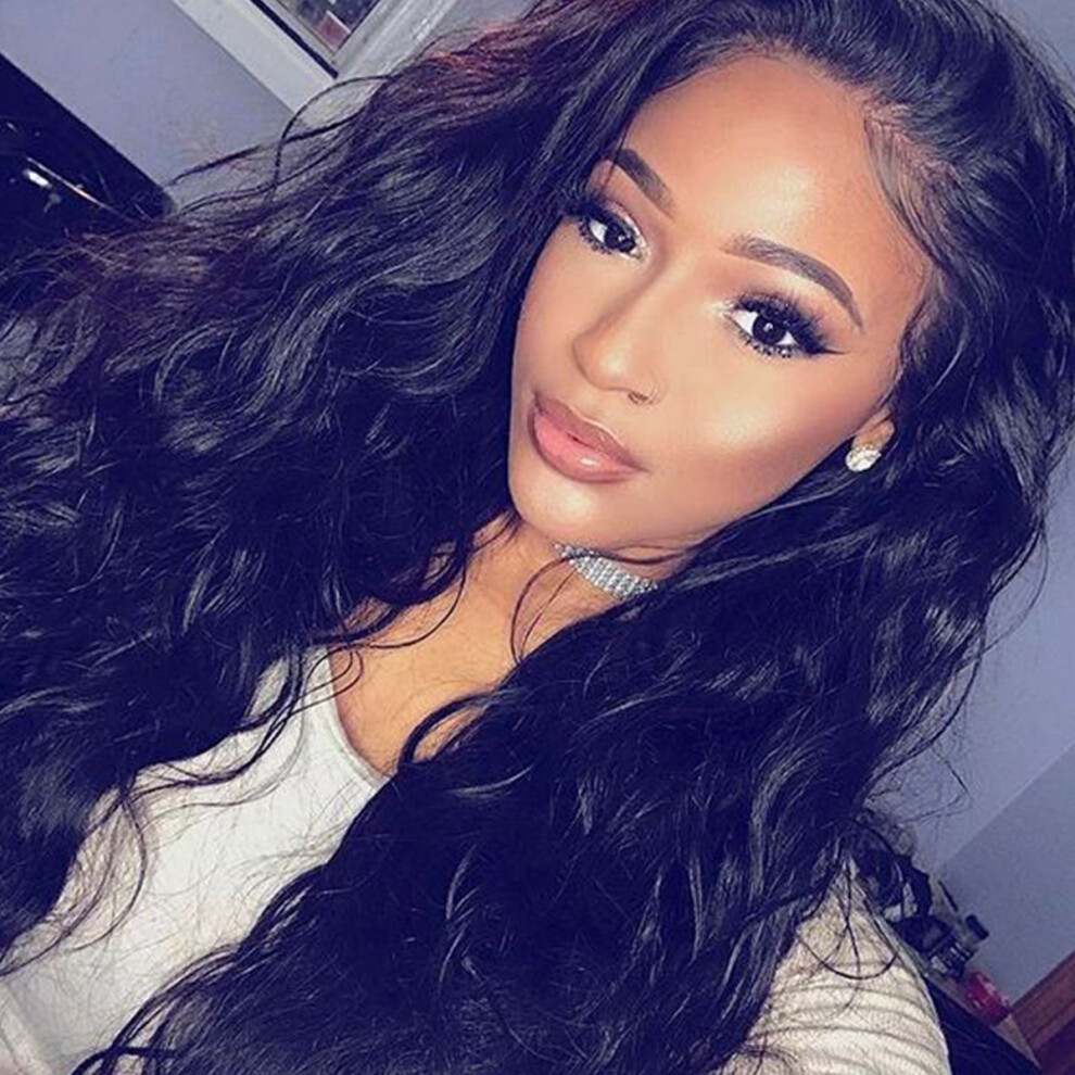 Unisex Black Pre Plucked 360 Lace Frontal Wig Virgin Brazilian Body Wave With Wig Cap Natural 14Inch