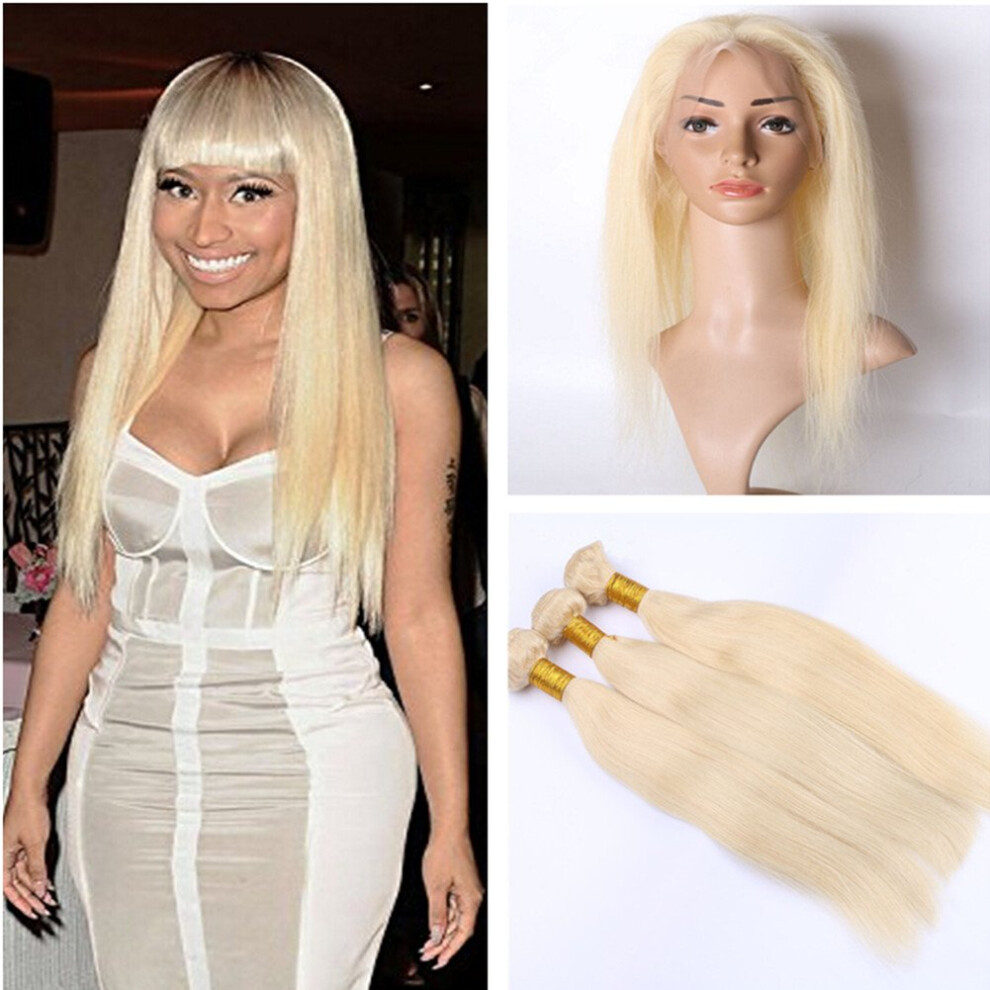 Unisex 613 Blonde Silky Straight Virgin Human Hair Bundles With Pre Plucked 360 Lace Frontal Closure