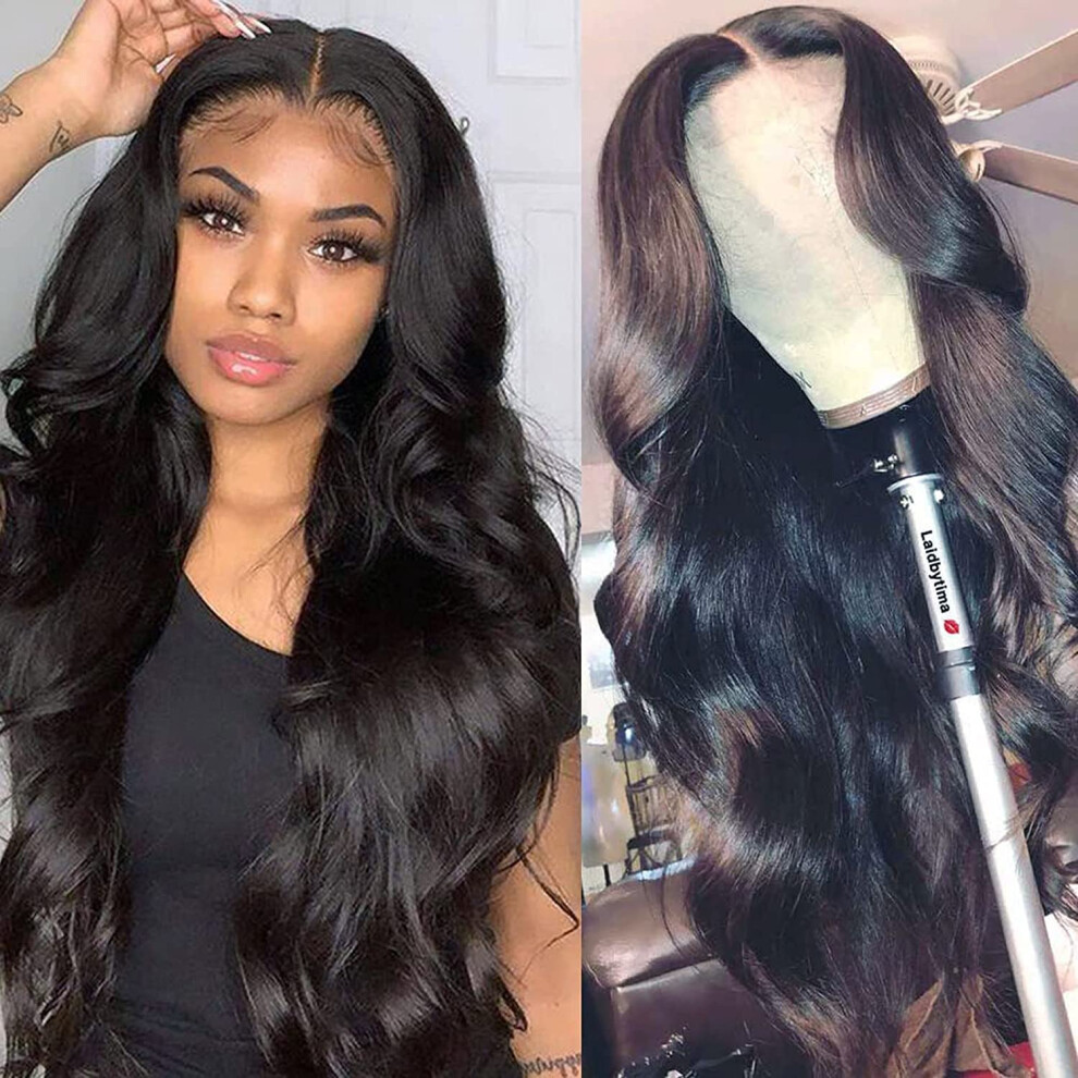 13x6 Lace Frontal Human Hair Wig 24 Inch Body Wave Pre Plucked Brazilian Lace Front Wig for Black Women Natural Hairline 150% Density