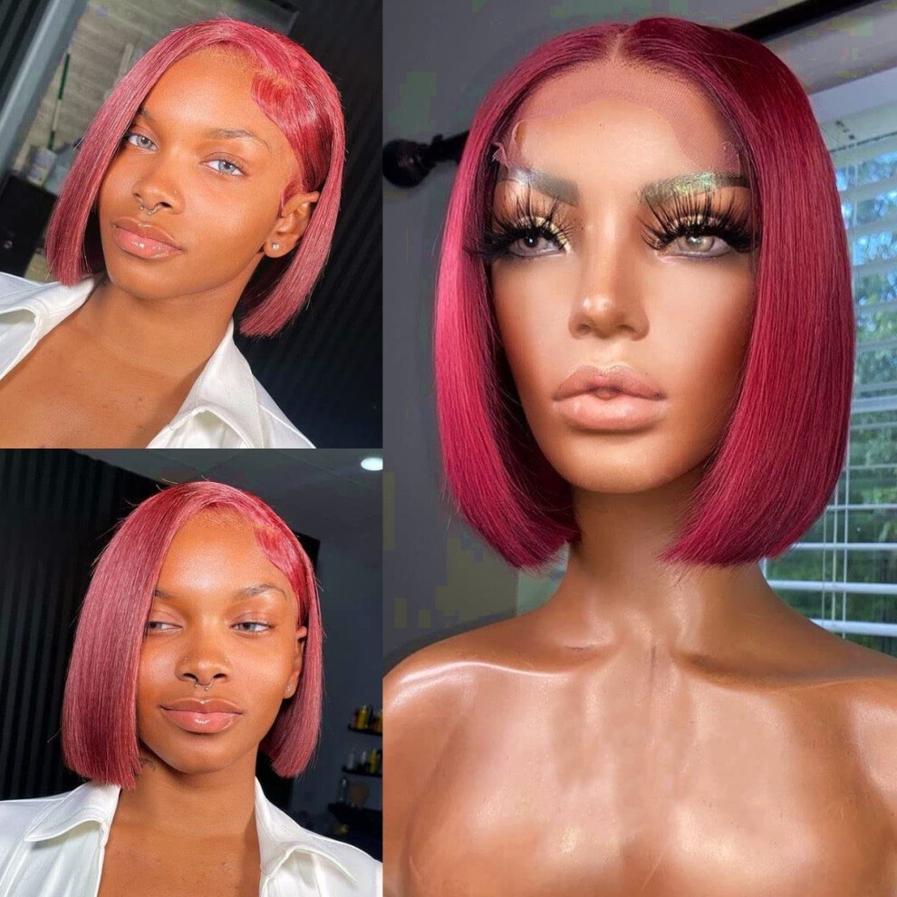 Unisex Red 13X6 Hd Lace Front Bob Wig 99J Brazilian Virgin Human Hair Pre Plucked Hairline