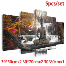 Conjunto de 5 peças de pinturas modernas em tela com paisagem zen de Buda para decoração de parede.